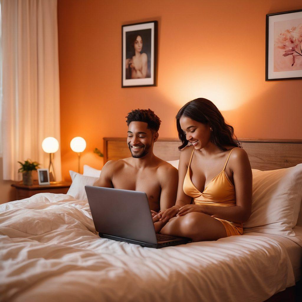 A cozy bedroom scene with soft, warm lighting, featuring a laptop open on a bedside table, showcasing a playful yet tasteful adult film. In the background, a couple is seen sharing a laugh, hinting at intimacy and connection. Stylish decorations reflect a fusion of modern aesthetics and a romantic atmosphere, subtly portraying desires without explicit imagery. The overall mood is inviting and explorative, encouraging a conversation about love and relationships. super-realistic. warm colors. soft focus.