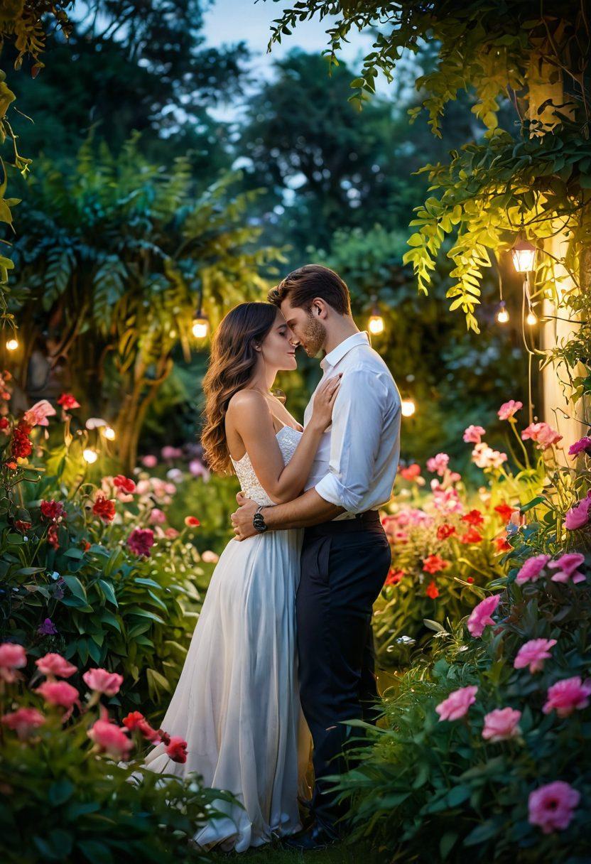 A sensual and intimate scene of a couple exploring their desires in a lush, wild setting, surrounded by vibrant flowers and soft greenery. The focus is on the emotional connection and playful expressions, with hints of fantasy elements like soft glowing lights and gentle mist. Emphasize the freedom of exploration and passion in a natural environment. super-realistic. vibrant colors. ethereal lighting.